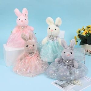 Set of Four Plush Bunny Dolls Keychain Purse charms in Pastel Dresses Easter New
